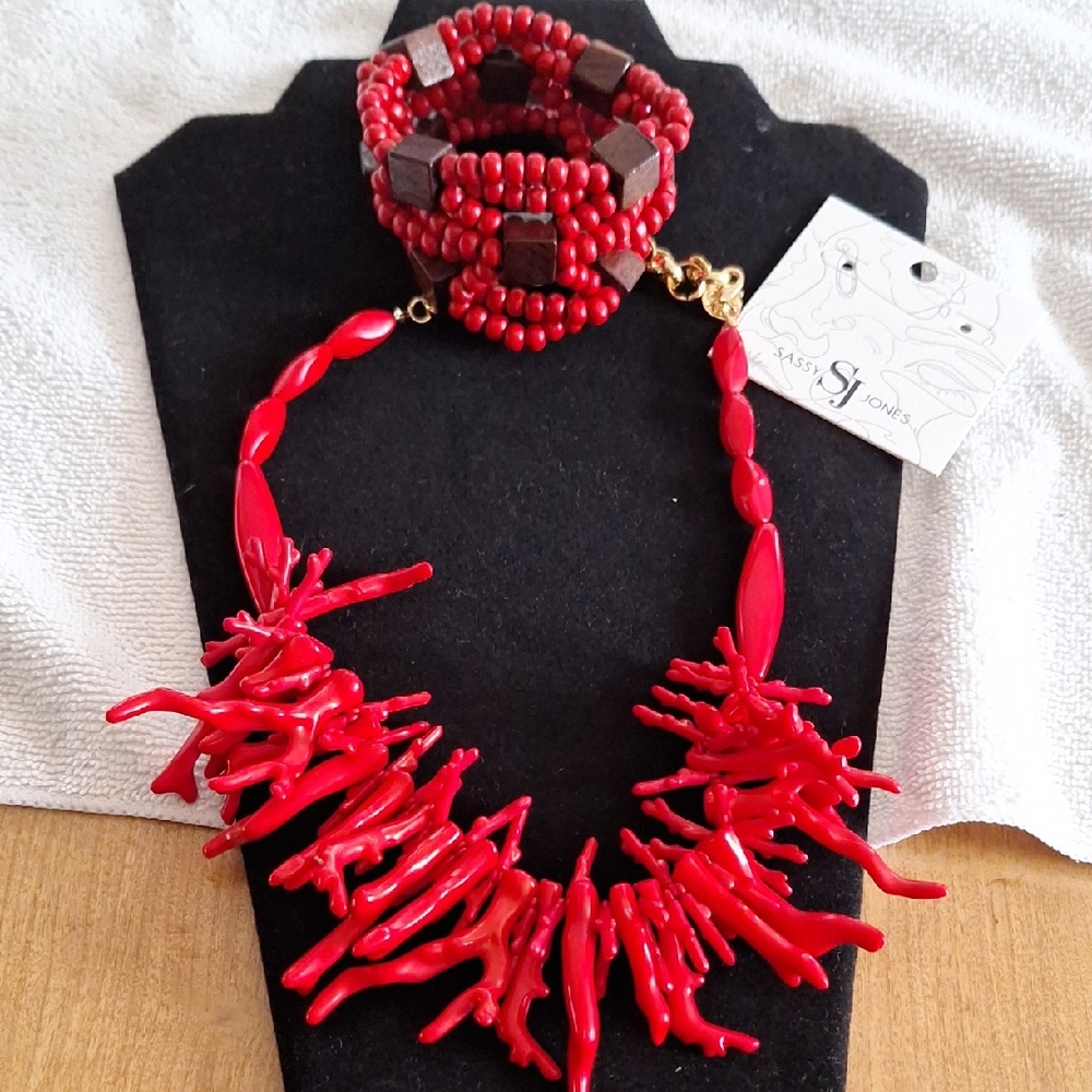 Sassy Jones Vibrant Red Coral Necklace and Bracelet Set